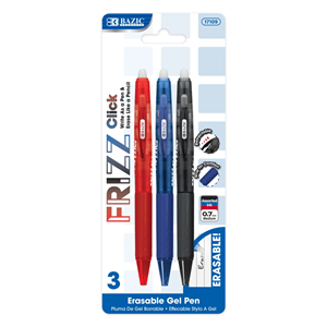 Bazic Frizz Assorted Color Erasable Gel Pens w/Grip 3PK
